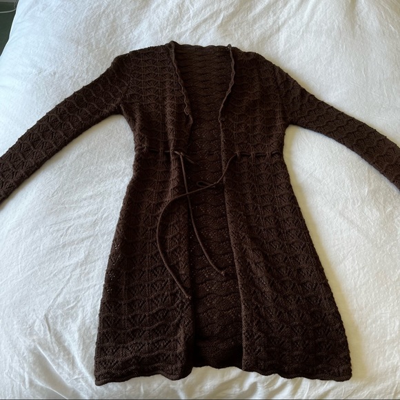 Vintage brown long cardigan with straps - Picture 3 of 7